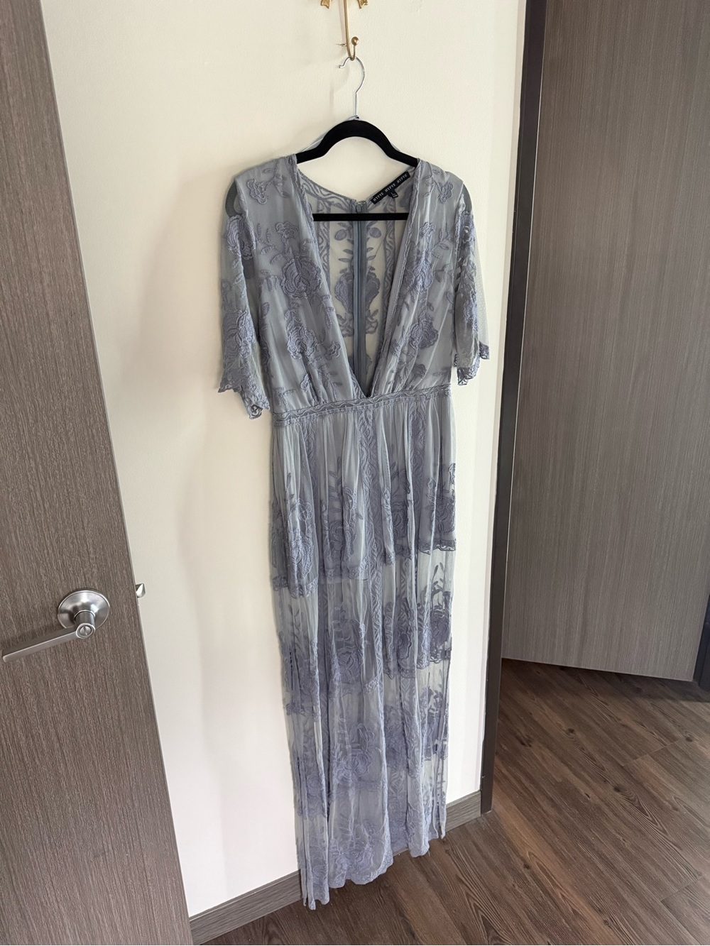 Light Dusty Blue Lace Overlay Maxi Dress with Deep V